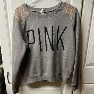 PINK Grey Sweatshirt with Leopard Accents, Medium